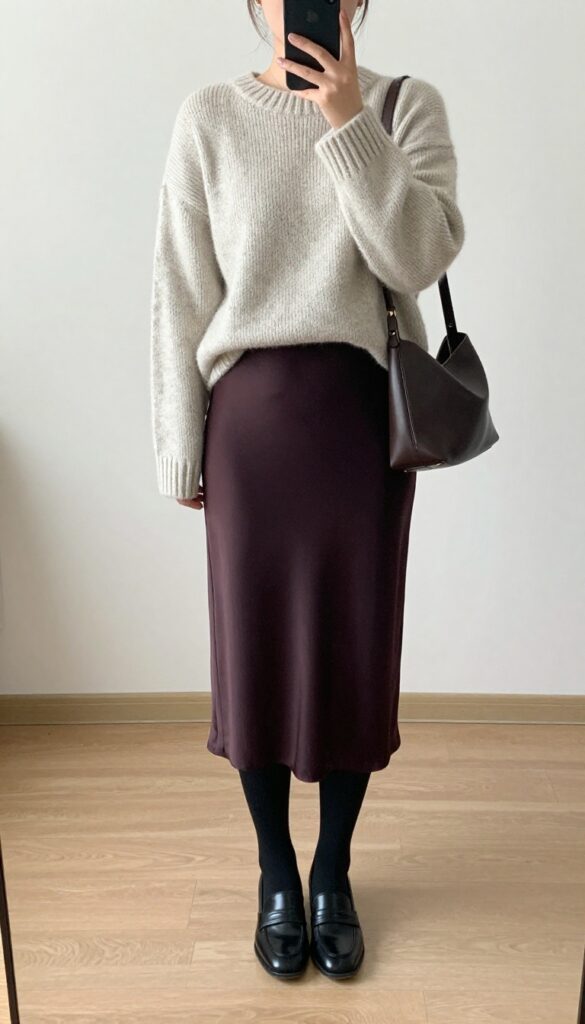 Woman in oversized cream sweater, black slip skirt, tights, and block-heel boots, standing in a bedroom mirror selfie, phone partially covering face.