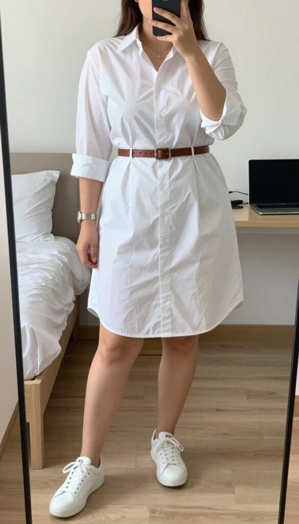 A woman in a belted midi shirt dress with rolled sleeves, wearing white sneakers, standing in a bright office or café setting.