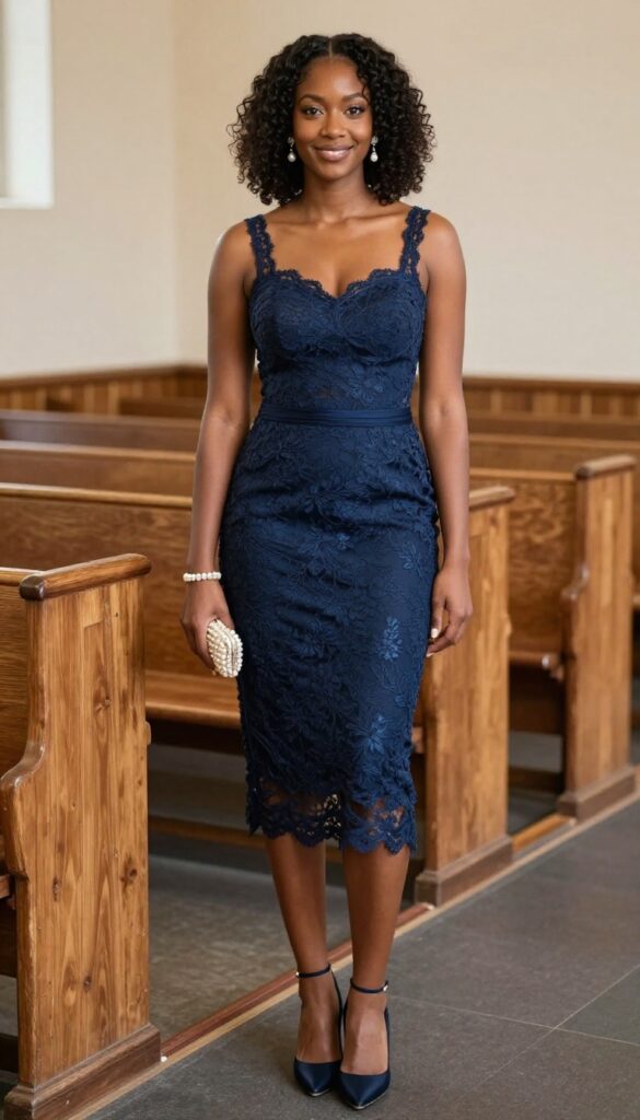 Black woman in navy lace fit-and-flare dress with pearl accessories, standing in church foyer