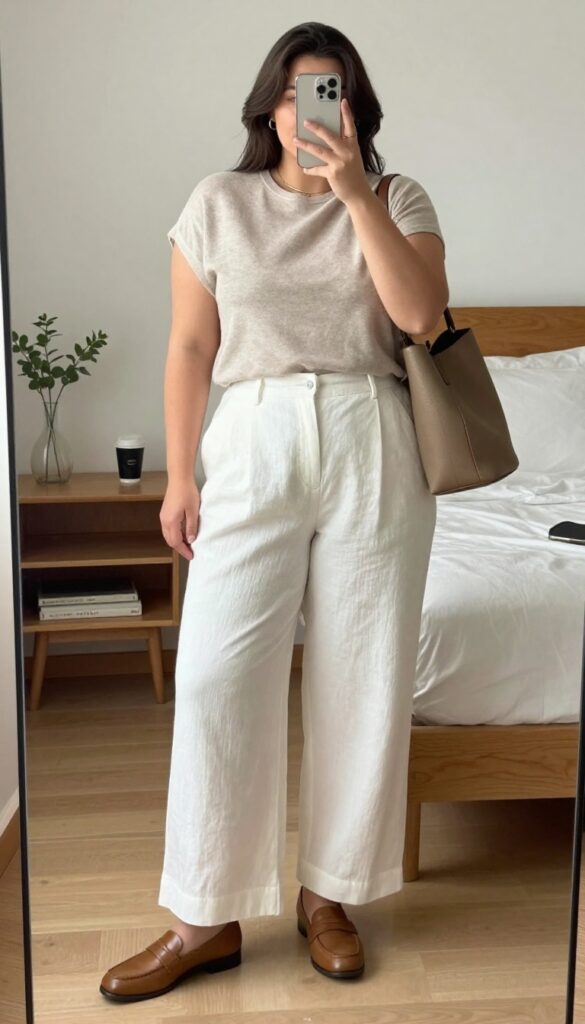 Woman in white wide-leg linen pants and a soft oatmeal knit top, front tucked, with leather loafers and a structured tote, standing in a bright office.