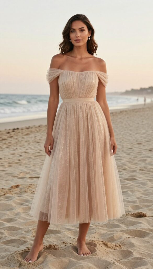 Young woman with light brown skin in off-shoulder glittery champagne tulle A-line dress, barefoot on beach at sunset, pearl earrings, loose waves, soft glam makeup.