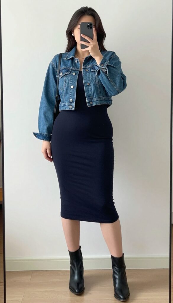 A petite woman in a cropped denim jacket, dark bodycon dress, and black ankle boots, standing in a bedroom mirror selfie.