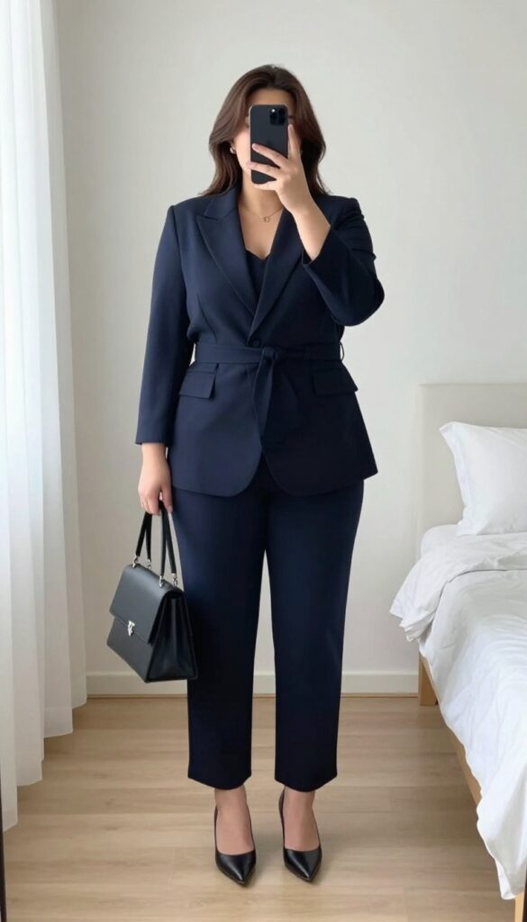 A woman in a navy jumpsuit and matching blazer, posing in a mirror selfie, partially covering her face with a phone. She wears pointed-toe heels and carries a structured tote. The outfit is monochrome and polished.