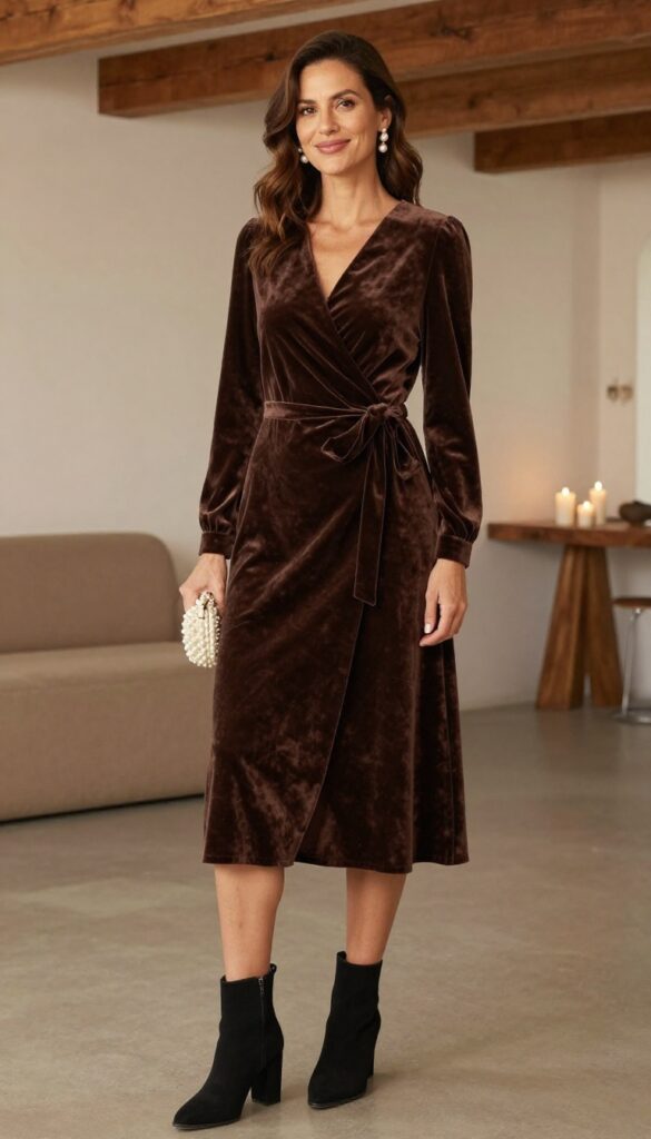 Woman in brown velvet wrap dress with pearl accessories and black boots, standing in warmly lit indoor setting.