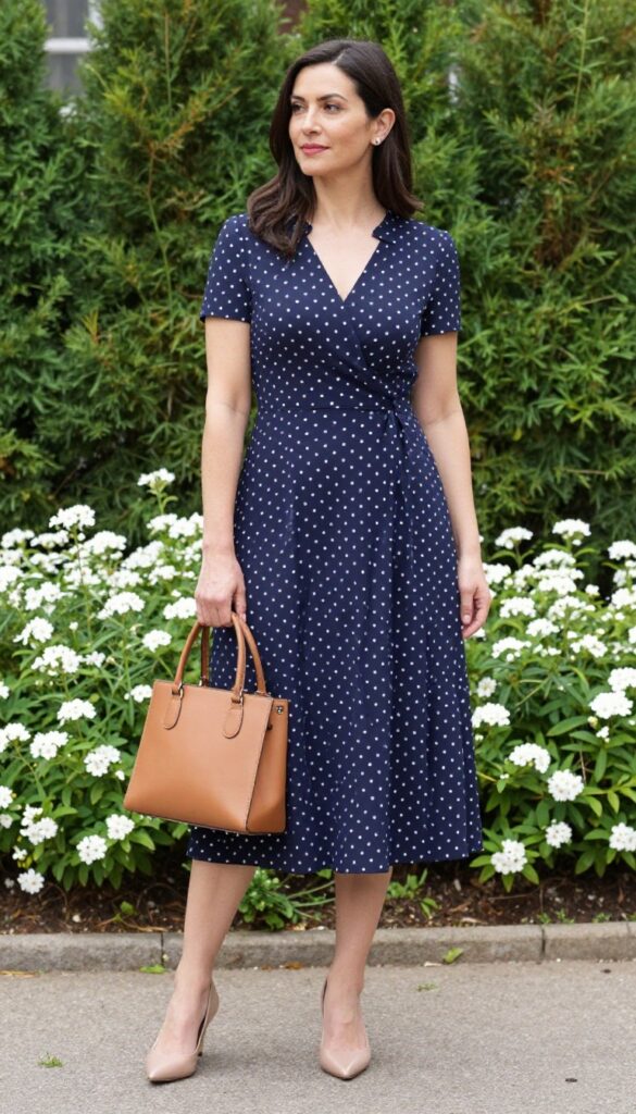 Woman in navy polka dot A-line dress with structured tan handbag and nude kitten heels in garden