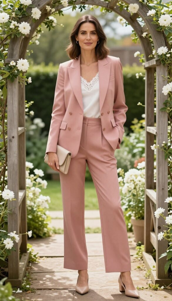 Woman in dusty rose pantsuit with lace camisole at garden wedding