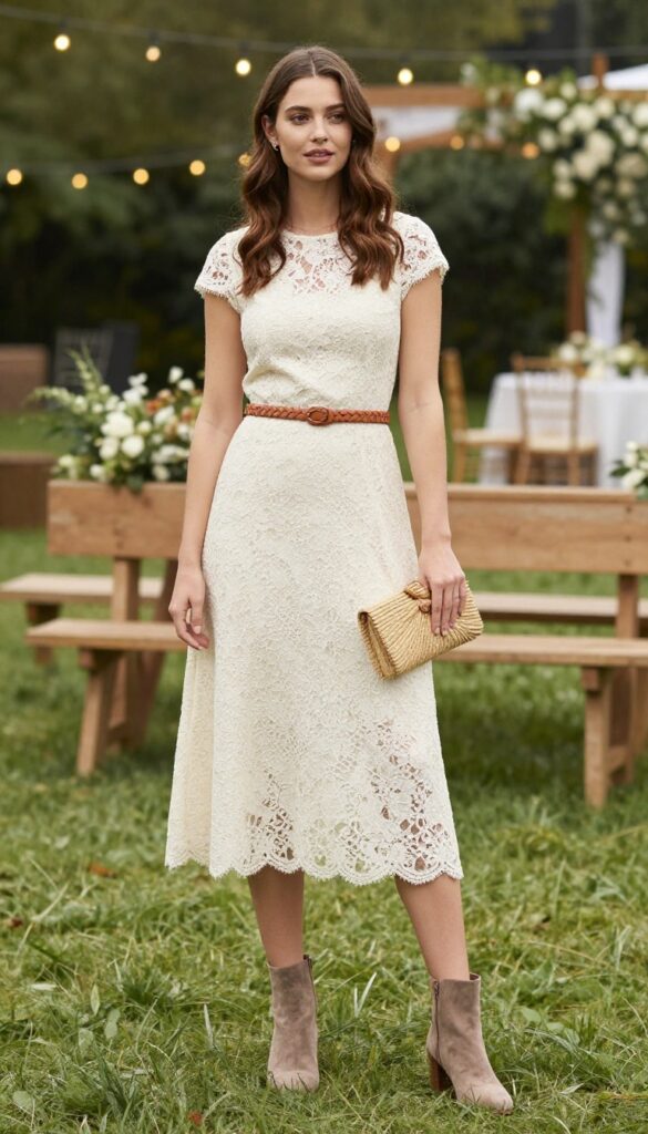 Woman in ivory lace midi dress and taupe suede ankle boots at garden wedding