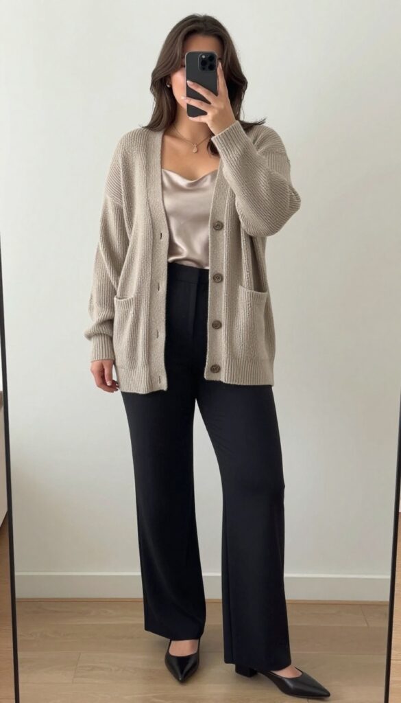 A woman in a longline cardigan, silk camisole, and wide-leg trousers, standing in a coffee shop with a relaxed yet polished look.