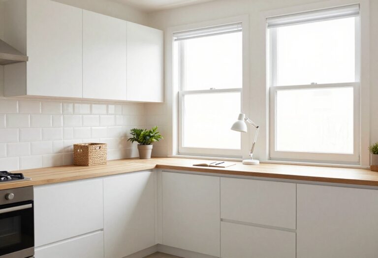 Bright kitchen with a small wooden desk under a window, styled with a lamp, plant, and notebook.