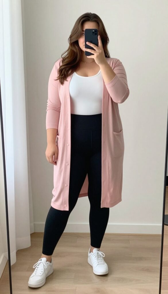Plus-size woman in a pink cardigan and black leggings taking a mirror selfie, showcasing a casual pink outfit.