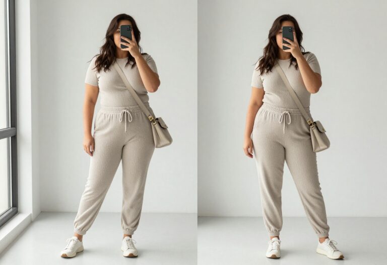 Plus-size woman taking a mirror selfie wearing relaxed neutral joggers, fitted tee, and sneakers, with a crossbody bag, in bright natural light.