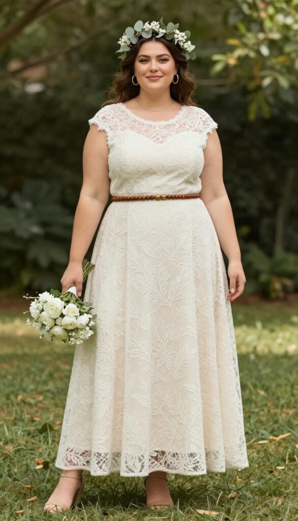 Plus-size woman in off-white lace ball gown with leaf motifs, wooden bead belt, flower crown, standing in sunlit garden