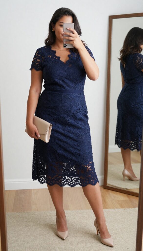 Plus-size woman in a structured navy lace dress with nude heels, taking a mirror selfie in a bright bedroom.