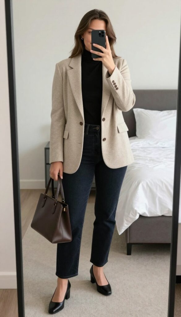 Woman in knit blazer, turtleneck, and straight-leg jeans posing in mirror selfie