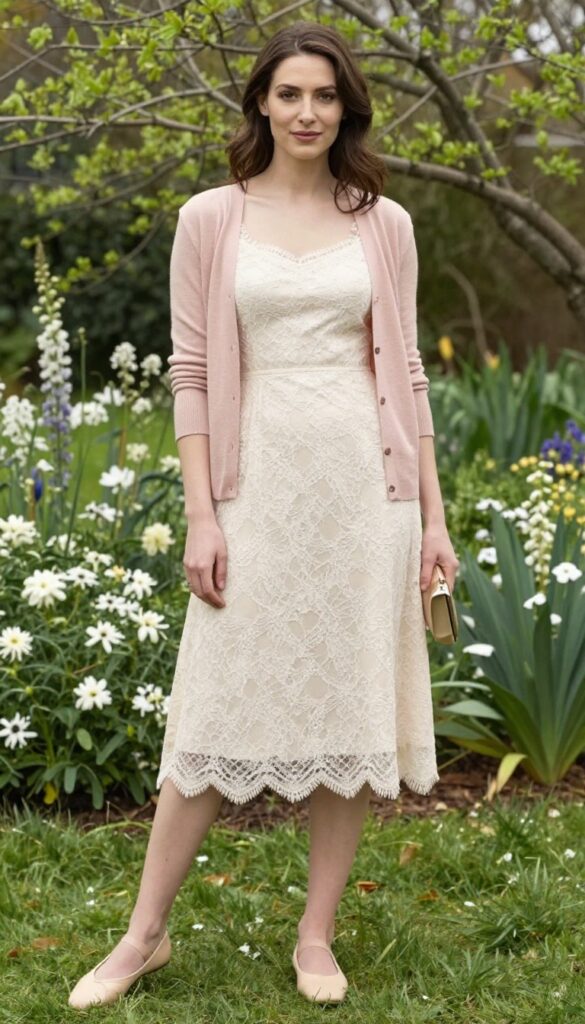 Woman in ivory lace dress and blush cardigan at garden wedding