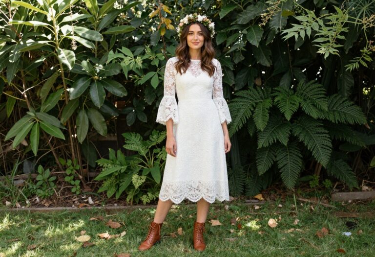 Woman in white lace dress and brown lace-up boots in garden