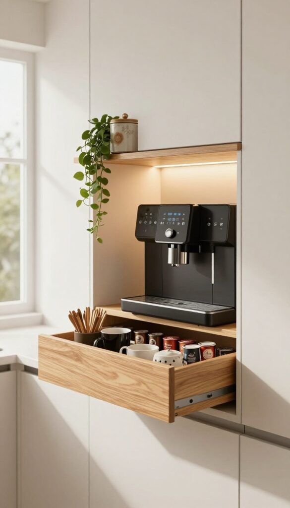 Built-in coffee station with pull-out drawer in a modern kitchen