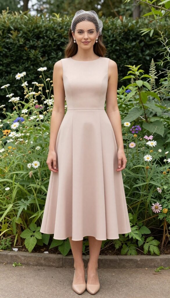 Woman in blush tea-length dress with birdcage veil and nude mules in garden