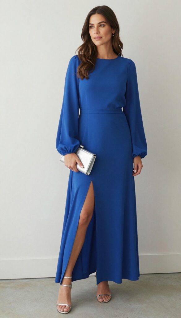 Woman in sapphire blue high-slit maxi dress with dramatic bishop sleeve, silver clutch and strappy heels at evening wedding reception
