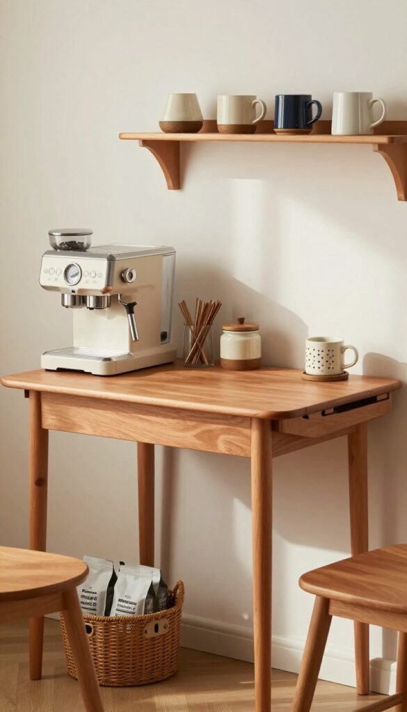 Compact drop-leaf table coffee station with espresso machine, mugs, and shelf