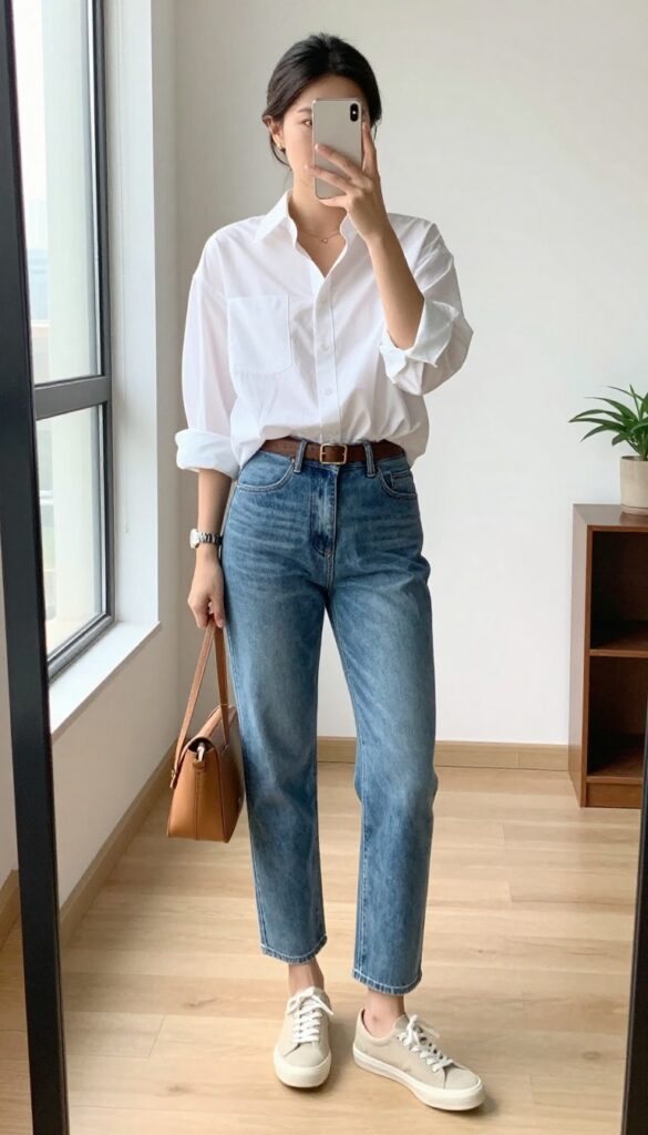 Woman in white button-down shirt and light-wash straight-leg jeans taking a mirror selfie. Casual polished outfit with sneakers and crossbody bag.