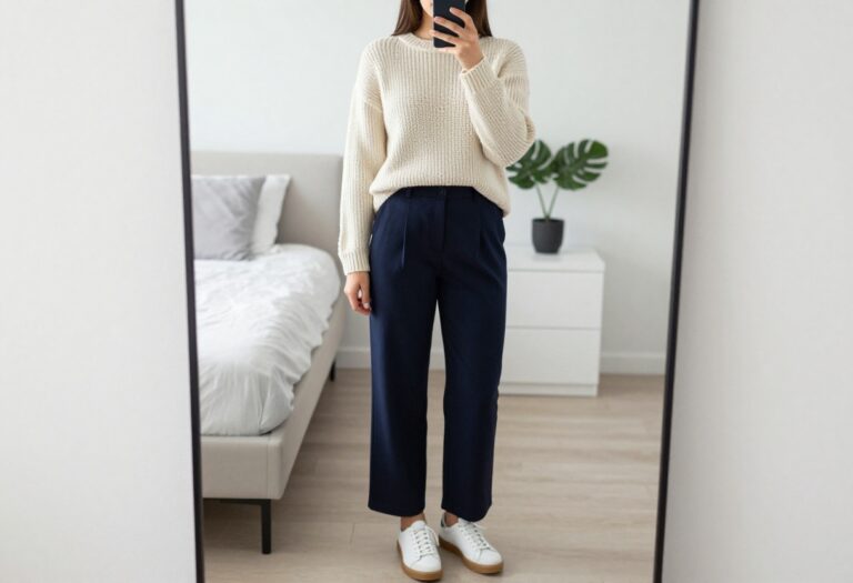 Young woman taking a mirror selfie in a cream chunky knit sweater and navy wide-leg trousers for a business casual internship outfit.