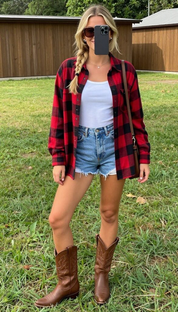 Woman in plaid shirt and cut-off shorts with cowboy boots at a country concert.