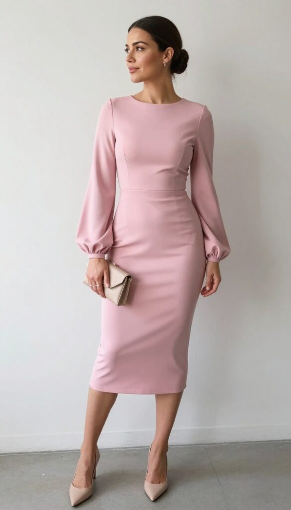 Woman in pink sheath dress with lavender bishop sleeves, nude pumps, and clutch, standing in bright room.