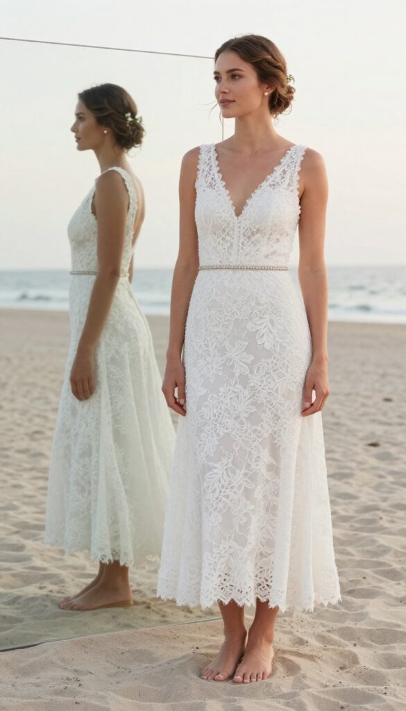 Young adult woman in white boho lace A-line wedding dress with crystal belt and barefoot sandals on beach at sunset.