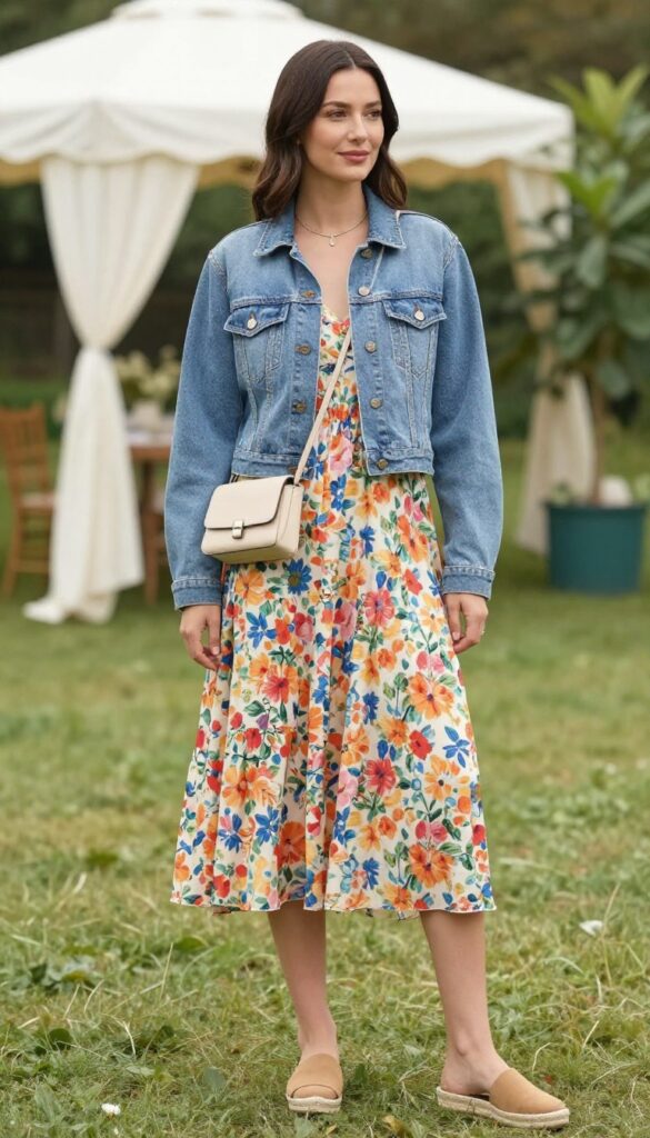 Woman in floral maxi dress and cropped denim jacket at garden wedding