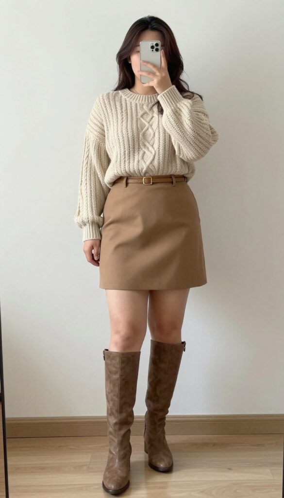 Woman in cream cable-knit sweater tucked into camel A-line skirt, wearing brown knee-high boots, taking a mirror selfie in bedroom.