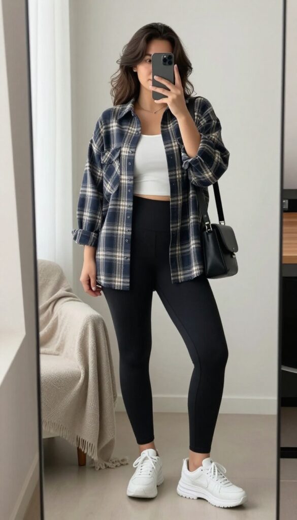 Plus-size woman in oversized plaid shirt and black leggings taking a mirror selfie for a movie night birthday outfit.