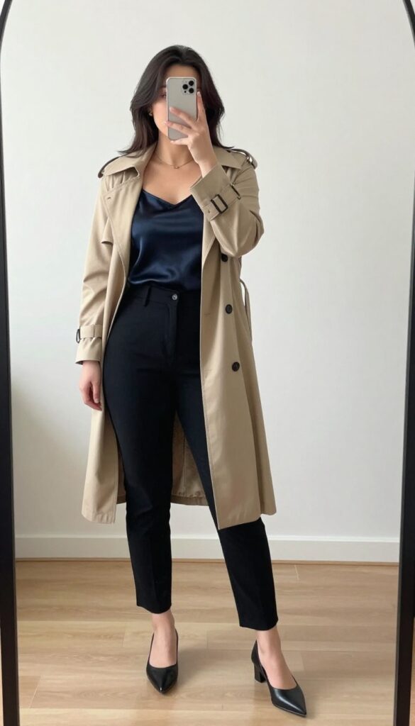 Woman in black trousers, silk camisole, cropped knit, and trench coat, standing in a mirror selfie, phone partially covering face.