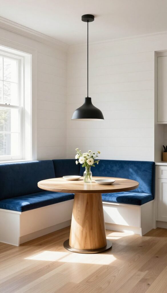 Banquette seating with a round table in a bright kitchen corner