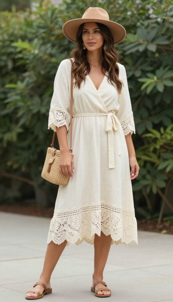 Woman in cream lace-trim wrap dress with wide-brim hat and crossbody bag in garden