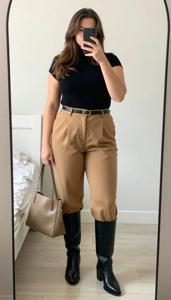 Black turtleneck and camel wide-leg pants outfit