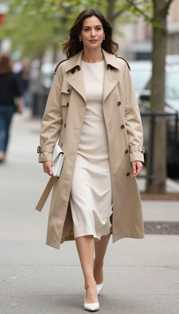 Blush dress with trench coat and white heels outfit for spring wedding