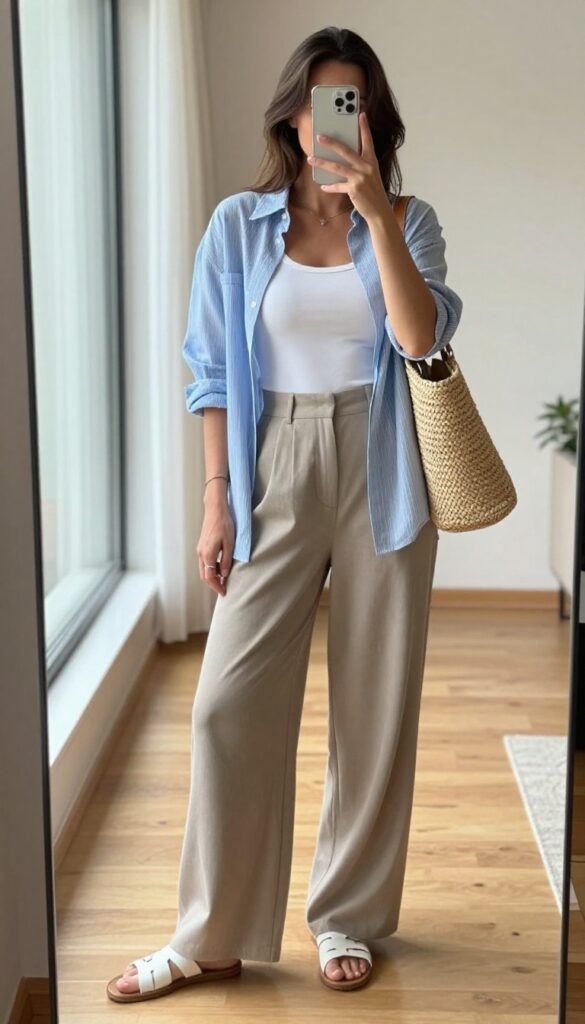 Woman in wide-leg pants, fitted tank, and open shirt taking a mirror selfie in bright natural light, showcasing a balanced, airy mom outfit.