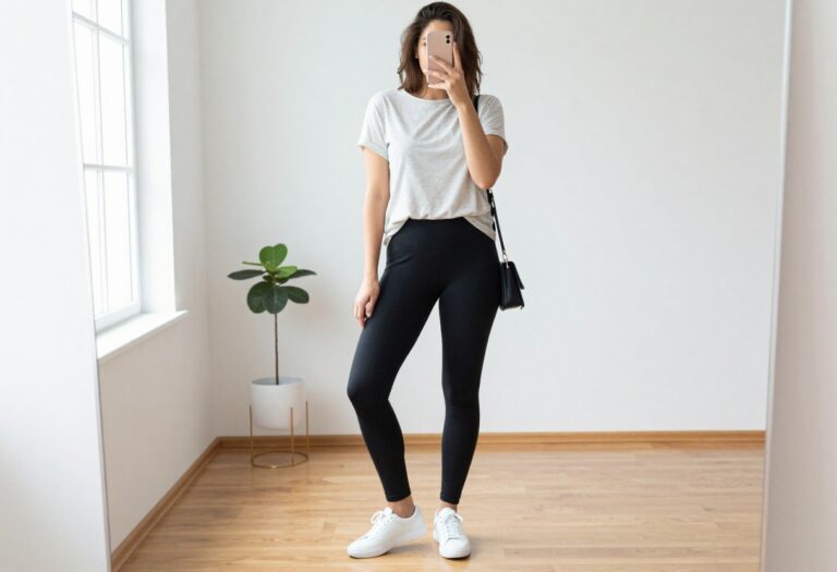 Plus-size woman in a relaxed t-shirt and high-waisted leggings, taking a mirror selfie in a bright, minimal room. The outfit is casual yet stylish, with clean sneakers and a crossbody bag.