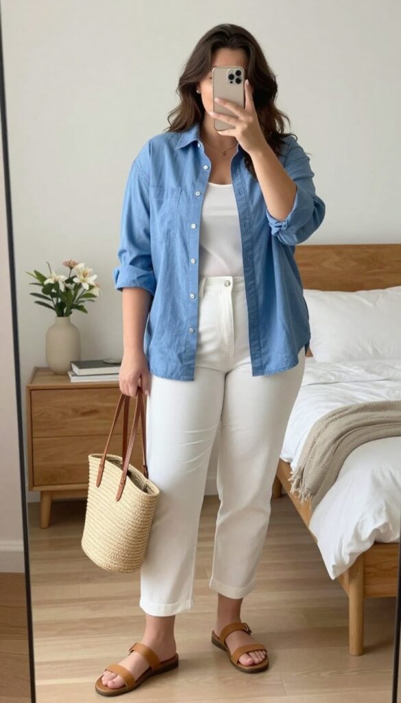 Woman in open chambray shirt over cami, white cropped pants, tan sandals, and straw tote in a bright office or outdoor setting.