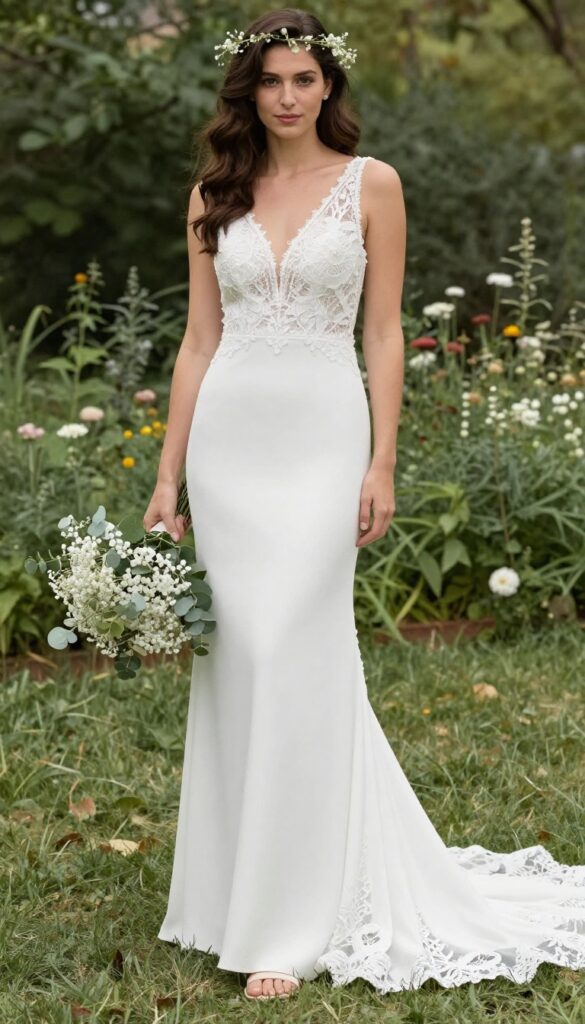 Woman in white crepe column wedding dress with detachable boho train, standing in a sunlit garden with wildflowers, holding a small bouquet.