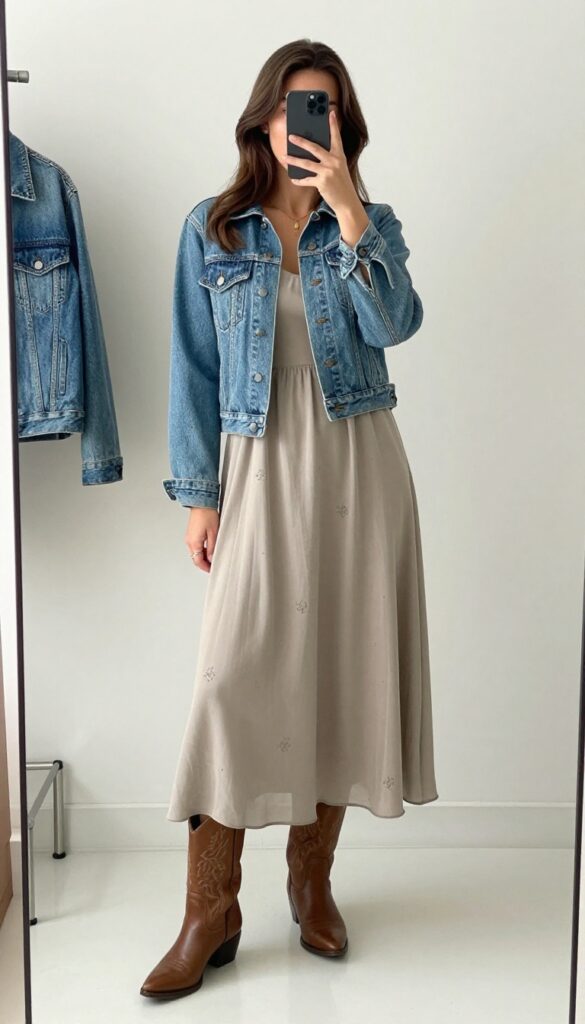Woman in flowy maxi dress and Western boots taking a mirror selfie, casual chic outfit.