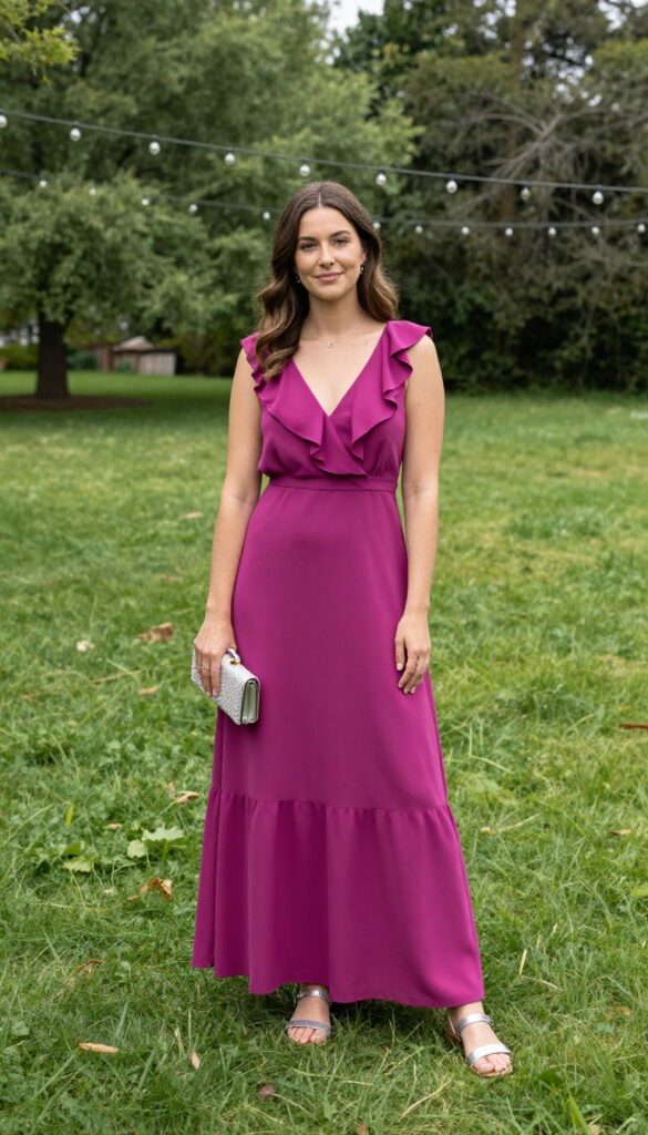Woman in magenta ruffled dress and silver sandals at outdoor wedding