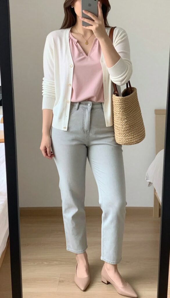 Woman in white cardigan, pastel pink blouse, and light gray pants with nude flats and woven tote, taking a mirror selfie in a bedroom.