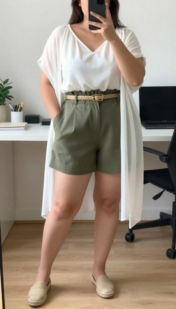 Curvy young professional in paperbag waist shorts and flowy blouse, tucked in to define waist, with woven loafers and crossbody bag, standing in a bright office or café.
