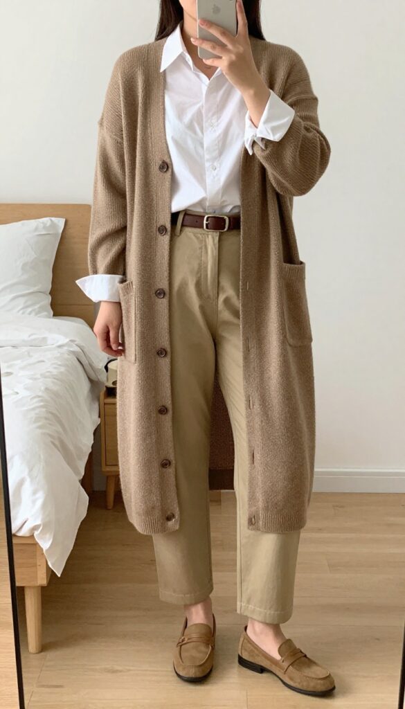 A woman in a longline oatmeal cardigan over a white button-down and khaki chinos, with a leather belt and loafers, standing in a bright office or coffee shop setting.
