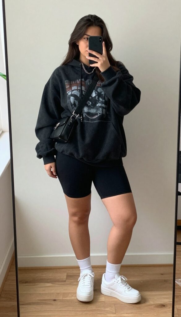 Plus-size woman in oversized graphic hoodie and black biker shorts taking a mirror selfie, wearing chunky sneakers and crossbody bag, casual grunge outfit.