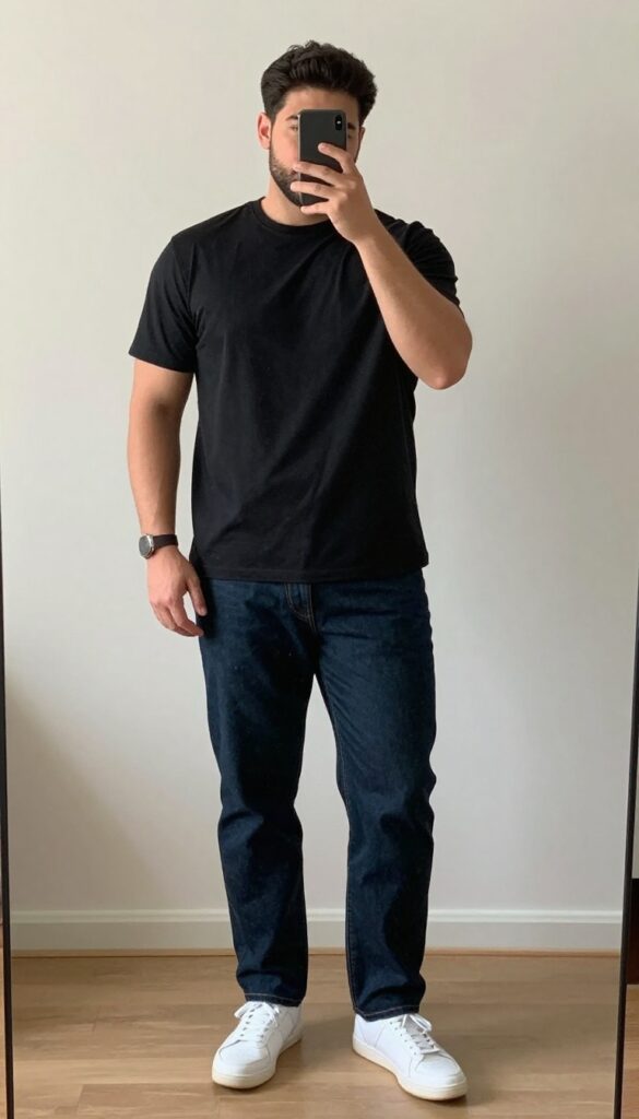 Plus-size man in black t-shirt and open flannel shirt, straight-fit jeans, and sneakers, taking a mirror selfie, showcasing a layered casual outfit.