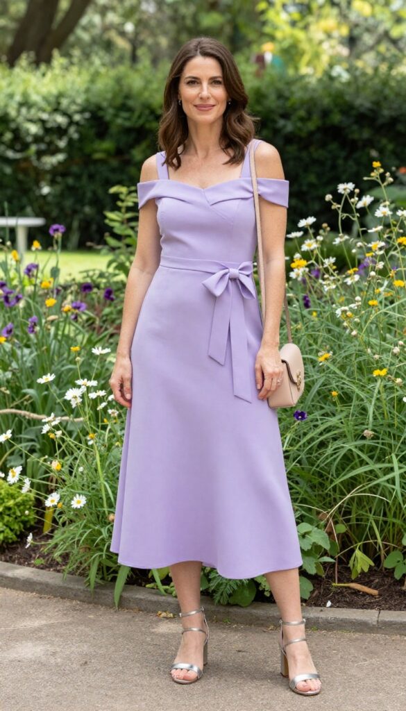 Woman in lavender off-shoulder dress with bow sleeve detail at a garden wedding