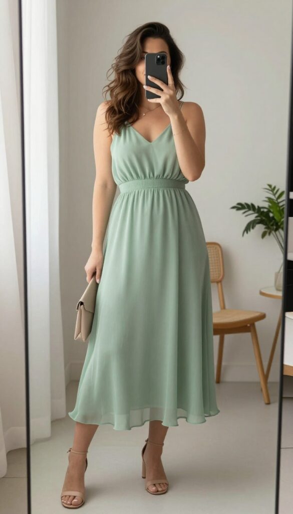 Plus-size woman in a flowy sage green maxi dress with defined waist, taking a mirror selfie. She wears nude block heels, gold hoop earrings, and a small clutch. Bright natural light, bedroom setting.